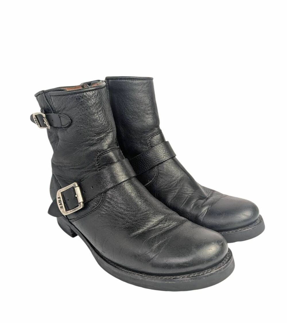 Frye Vicky Engineer 6" Black leather moto buckle ankle zip boots womens 10
